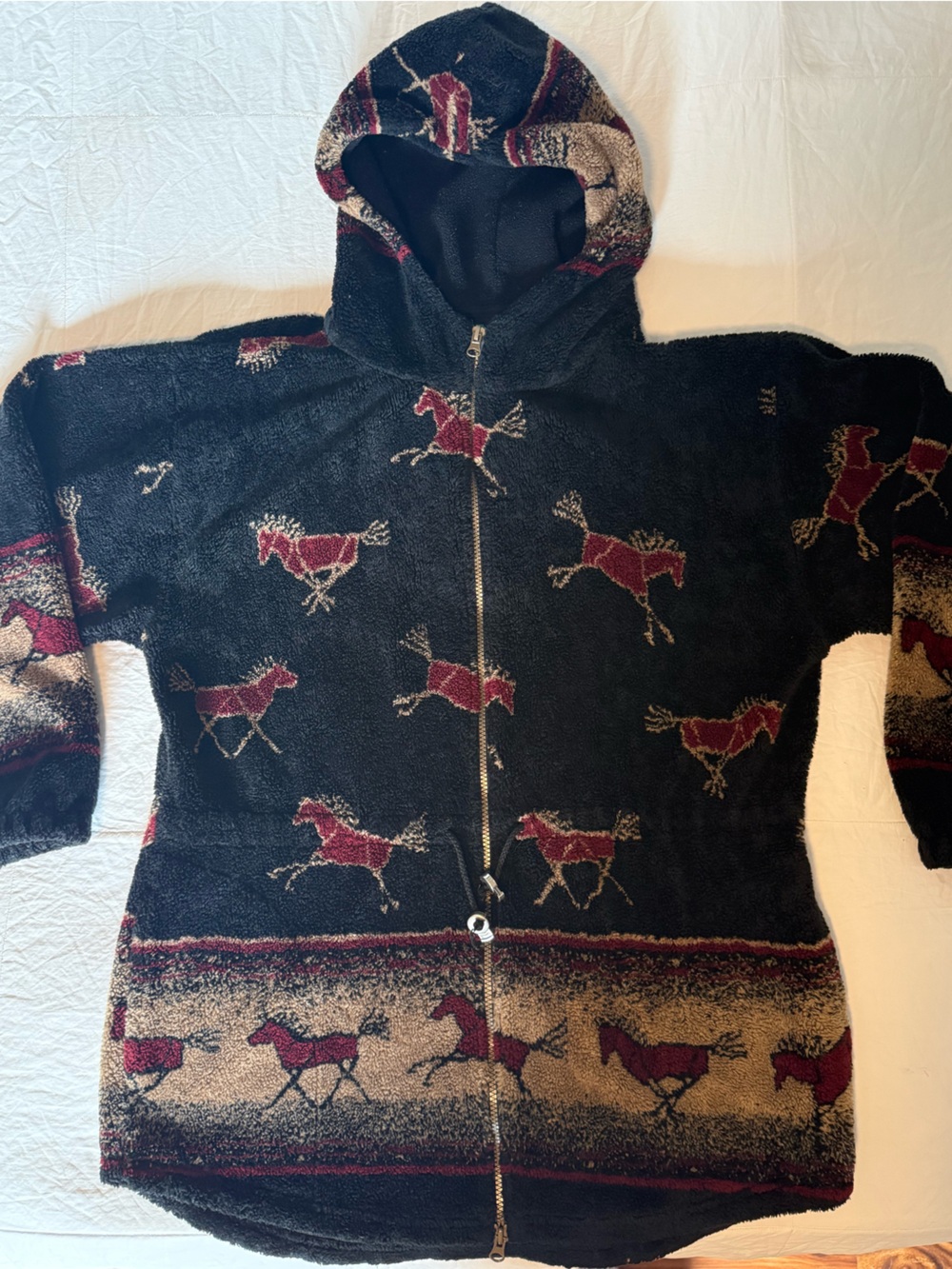 Vtg 1990s Mazmania Fleece Jacket Wild Horses All Over Print Plush Ranch Sz L